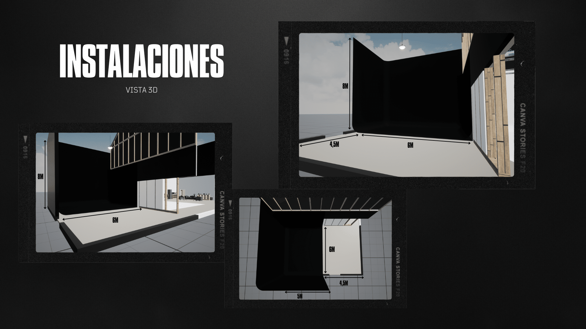Vista 3D del ciclorama negro y sus medidas en The Black Cactus, Madrid